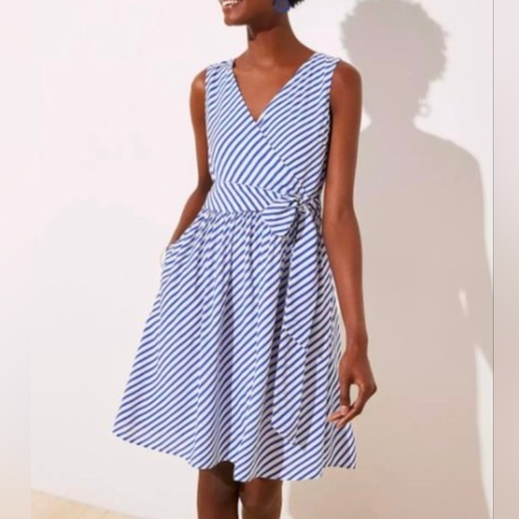 LOFT Dresses & Skirts - LOFT Nautical Blue White Stripe Faux Wrap Tie Waist Dress Size 6 Pockets
